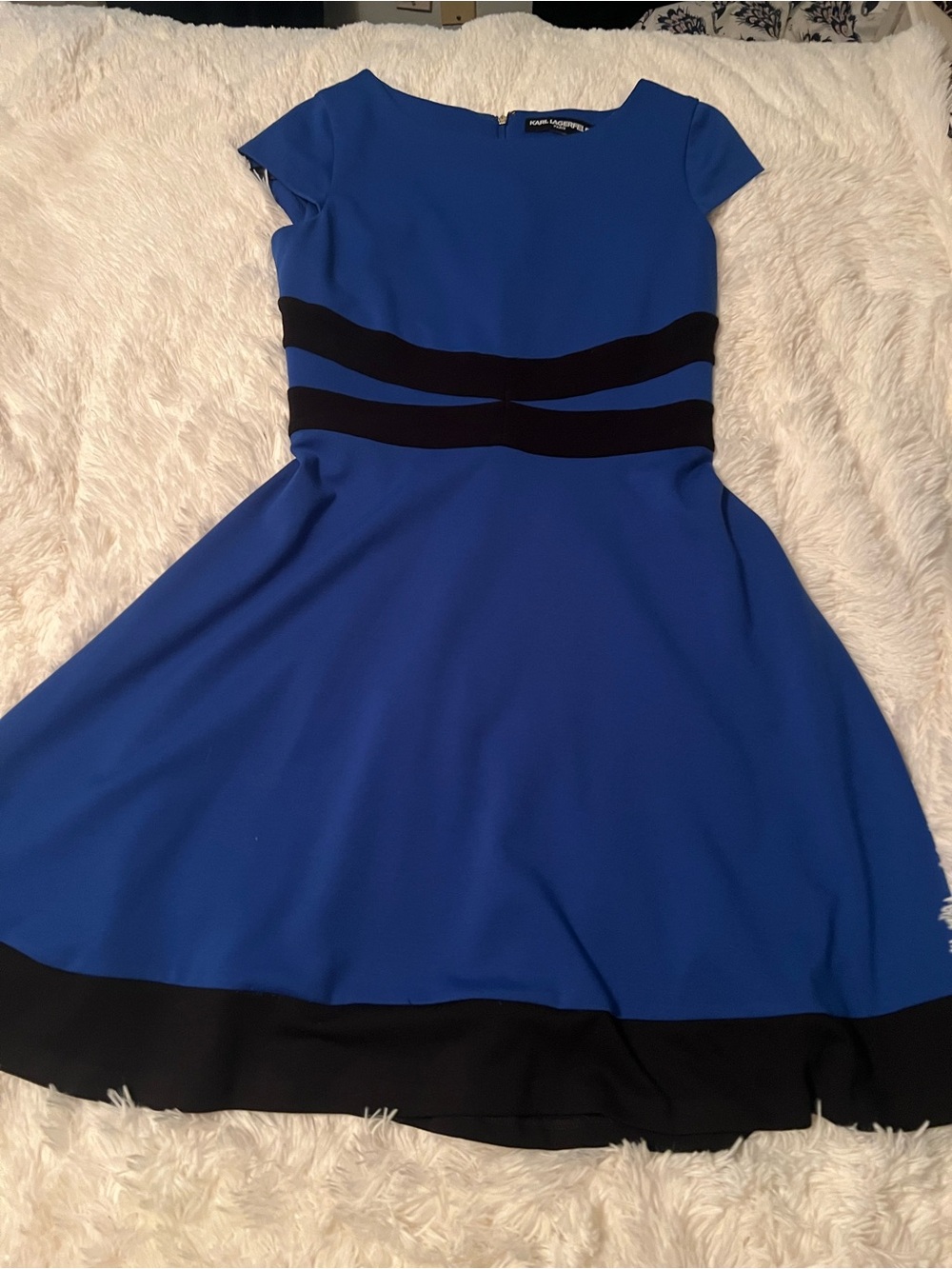Karl Lagerfeld Royal Blue Fit-and-Flare Dress with Black Bands